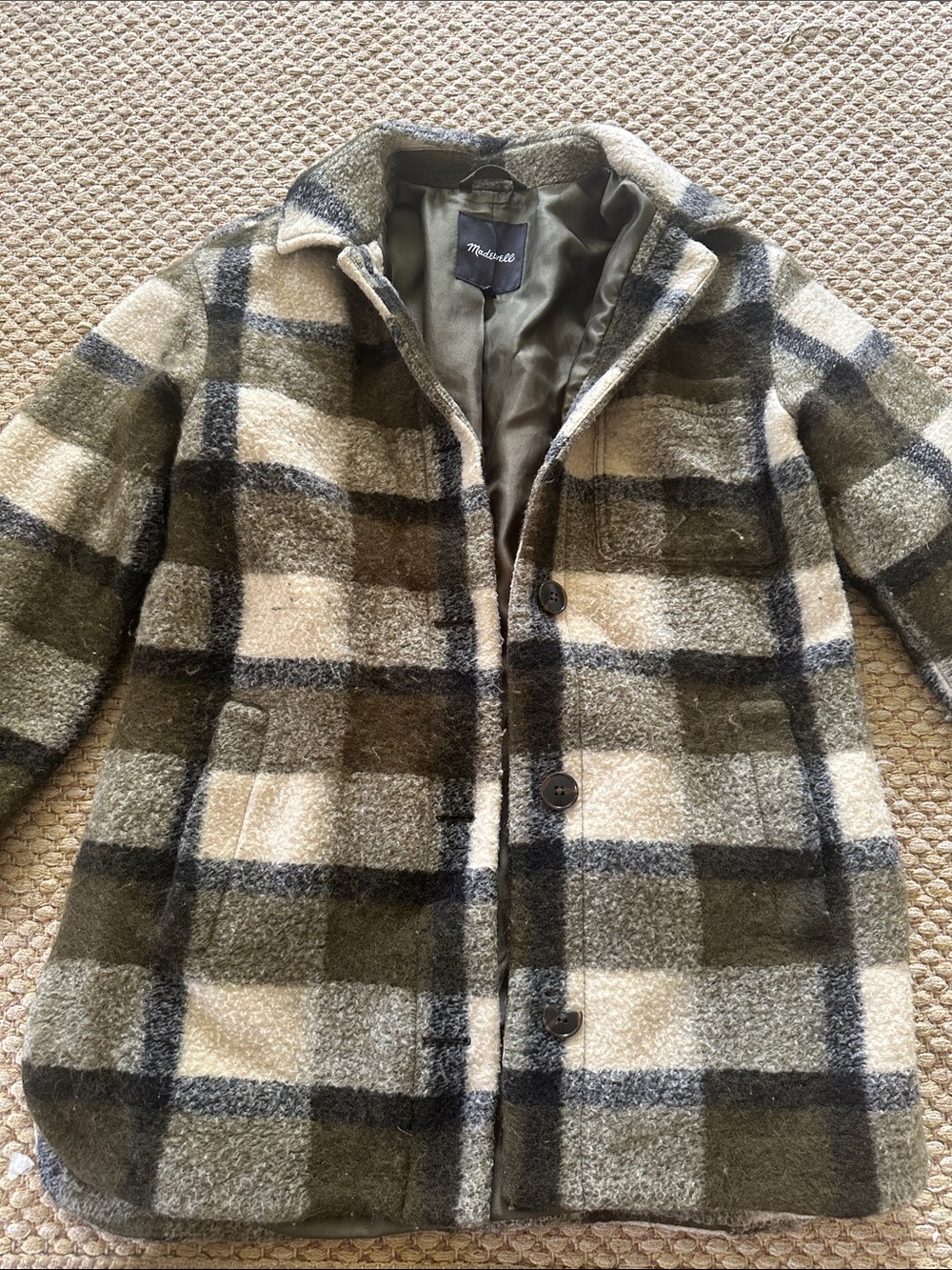 Madewell Olive, Cream & Gray Plaid Wool-Blend Coat